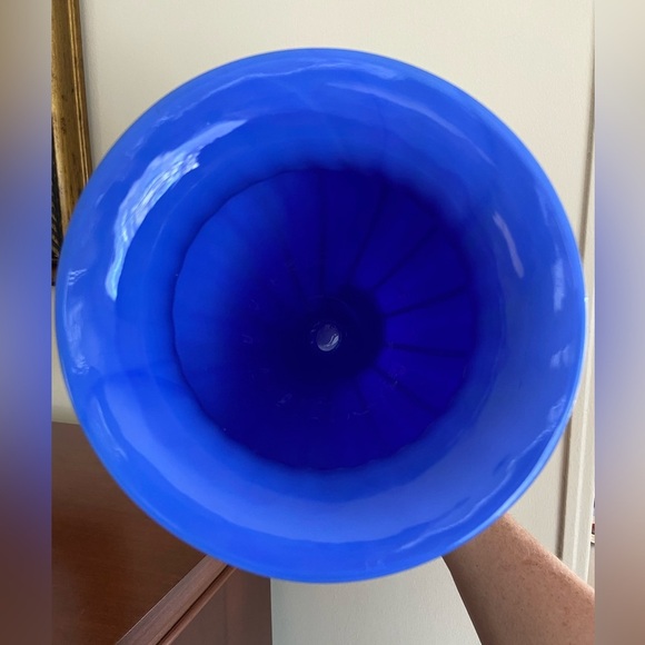 Gorgeous Cased Blue Vase w/ Yellow Pin Stripes Red Hand Blown Pontil Art Glass - Picture 5 of 12